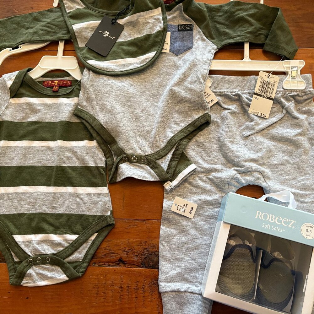 BABY BOY 7 FOR ALL MANKIND SET SZ6-9MO & ROBEEZ SHOES-6M0 ALL BRAND NEW W TAGS
